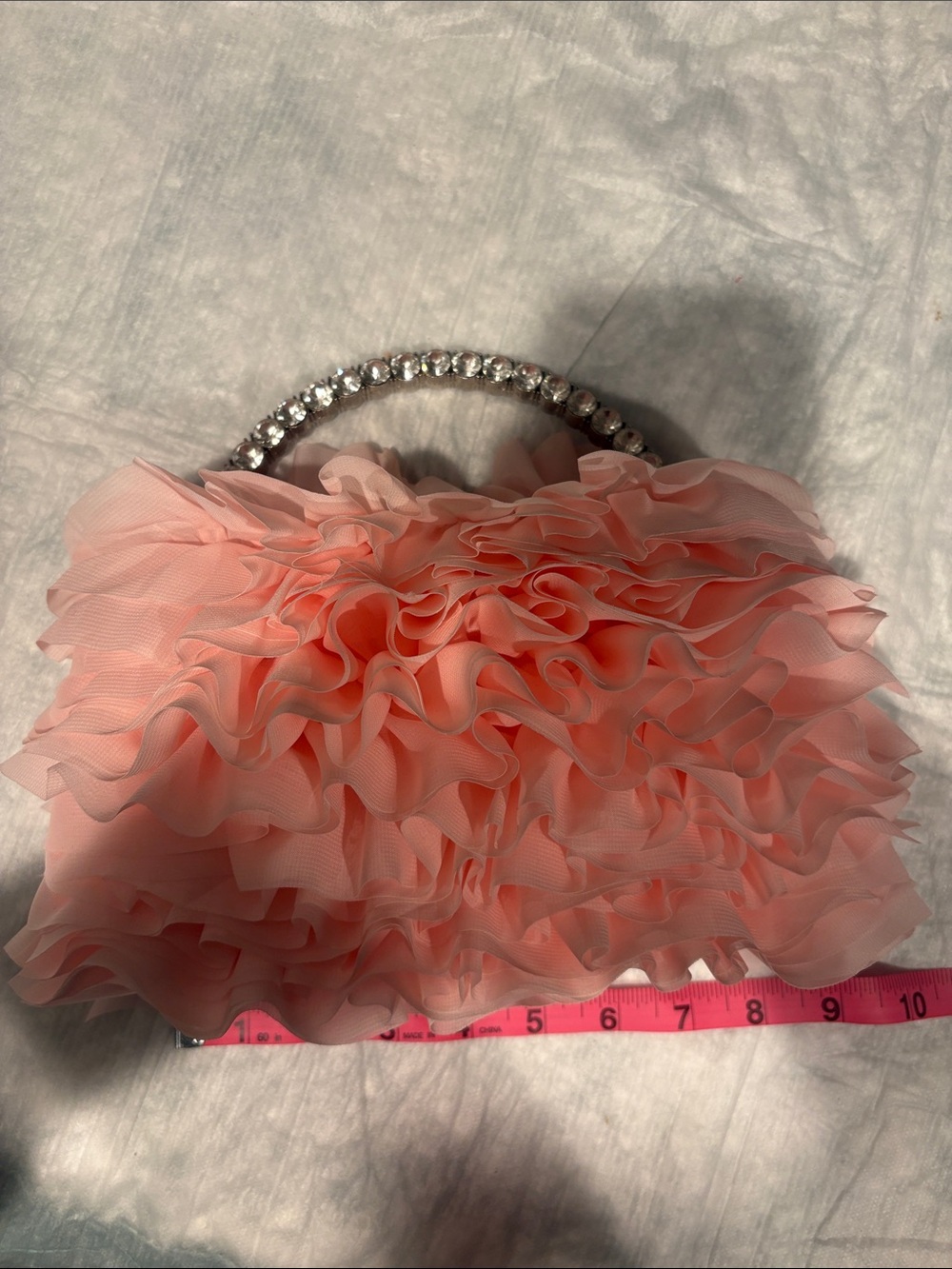 Sincerly Jules Coral Pink Ruffle Clutch with Crystal Handle